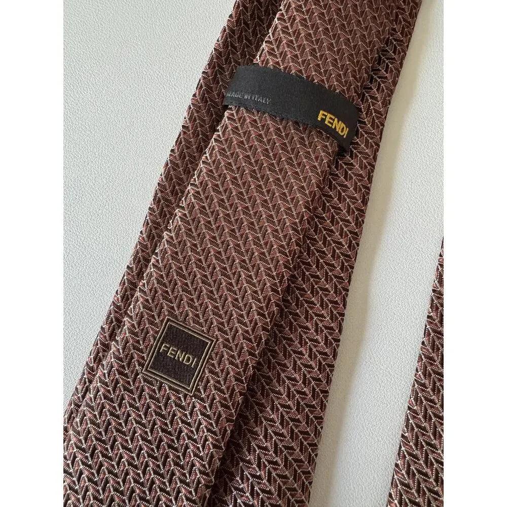 Fendi Tie Mens Pink Brown Herringbone Silk Logo Jacquard Made Italy Designer